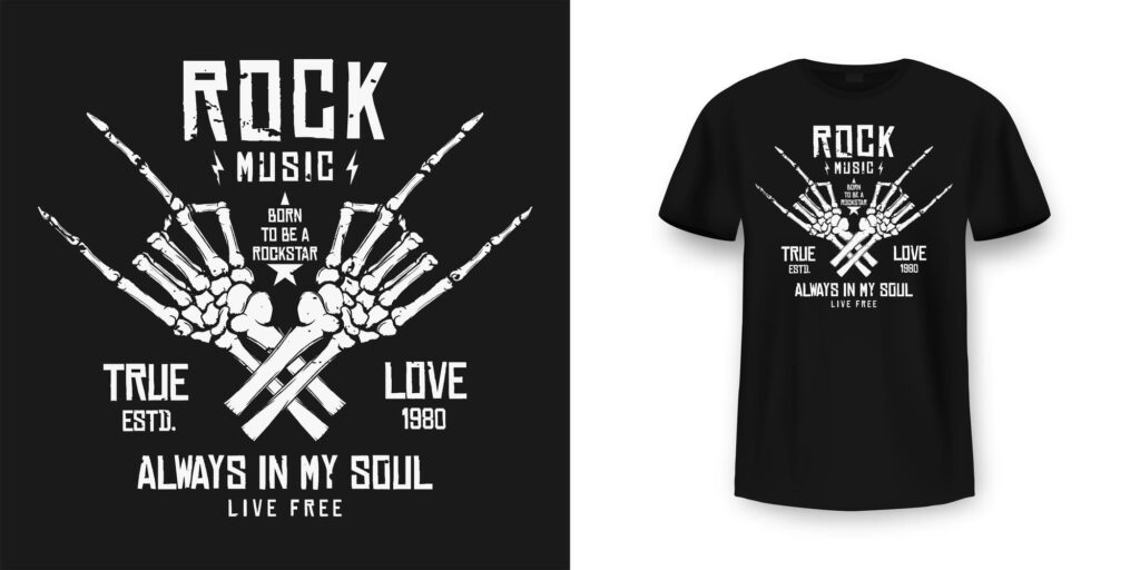 Black rock music T-shirt mockup with a white skeleton hand graphic, crossed drumsticks and distressed typography.