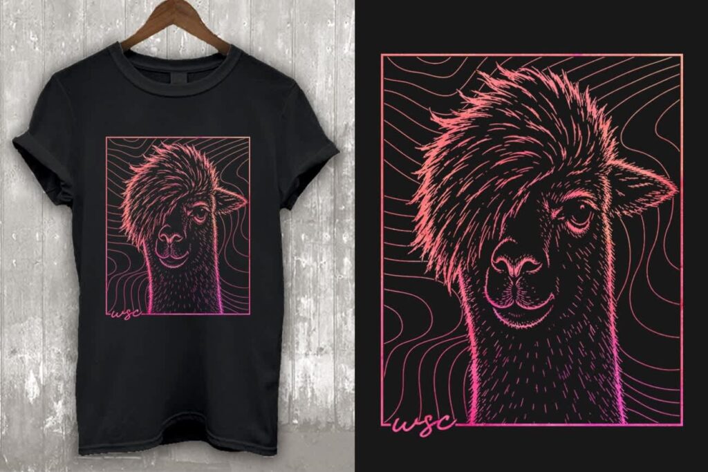 Black T-shirt mockup with a pink line-art alpaca illustration, shown beside a close-up of the same design.
