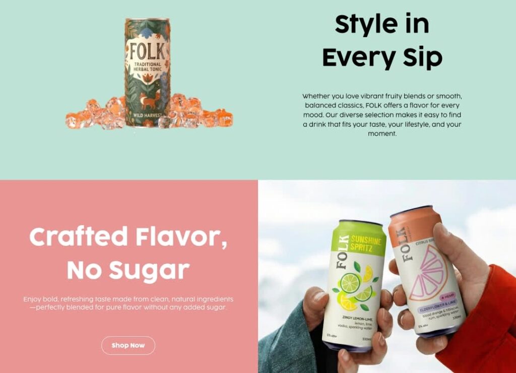 Teal and coral beverage brand website color contrast design example.