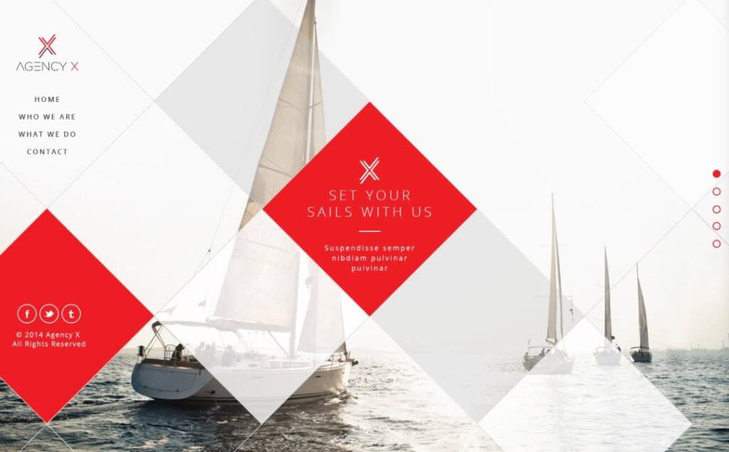 Vivid red and warm gray saturation color contrast design example on the sailing agency website homepage.