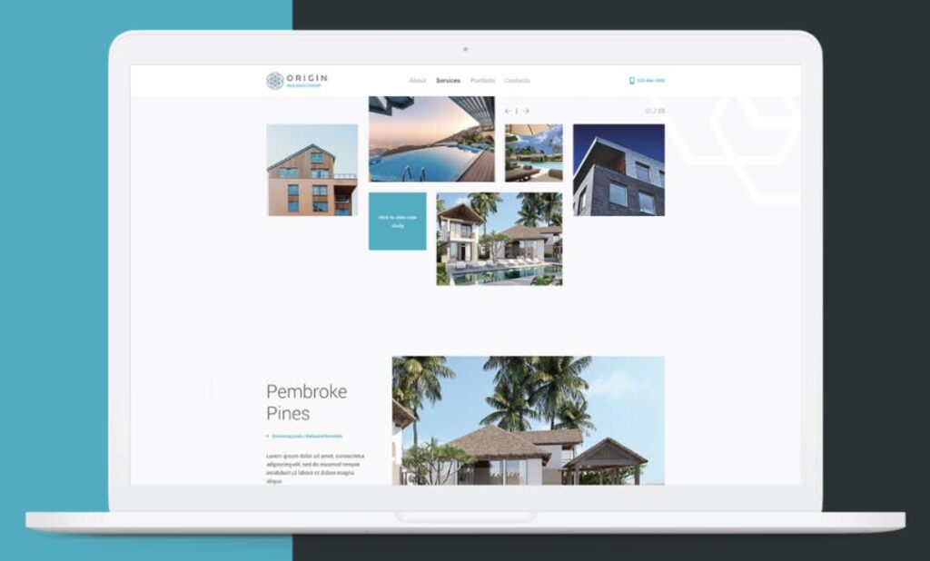 The Origin Building Group website, a white and teal color proportion contrast design example.