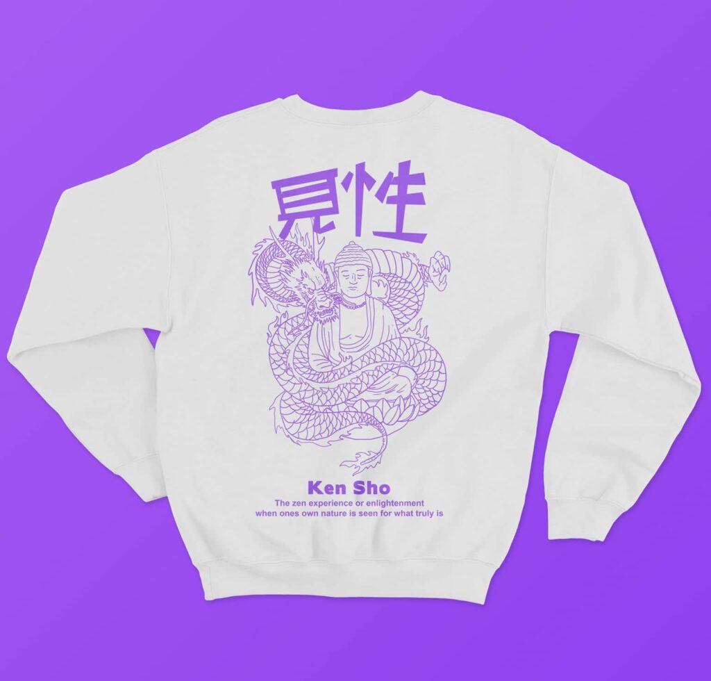 White top with large purple dragon and buddha design with chinese characters and font &ldquo;Ken Sho.&rdquo;
