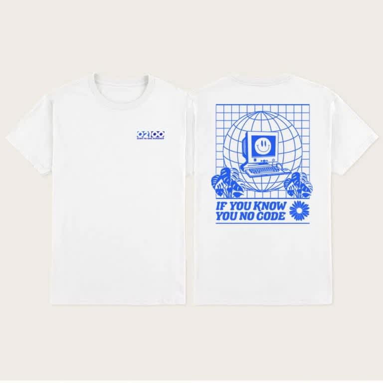 White T-shirt with large blue graphic of a computer in a globe with foliage and text: &ldquo;IF YOU KNOW YOU NO CODE.&rdquo;