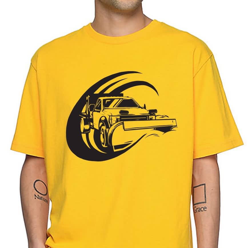 Yellow T-shirt with large black graphic of snow plow truck.