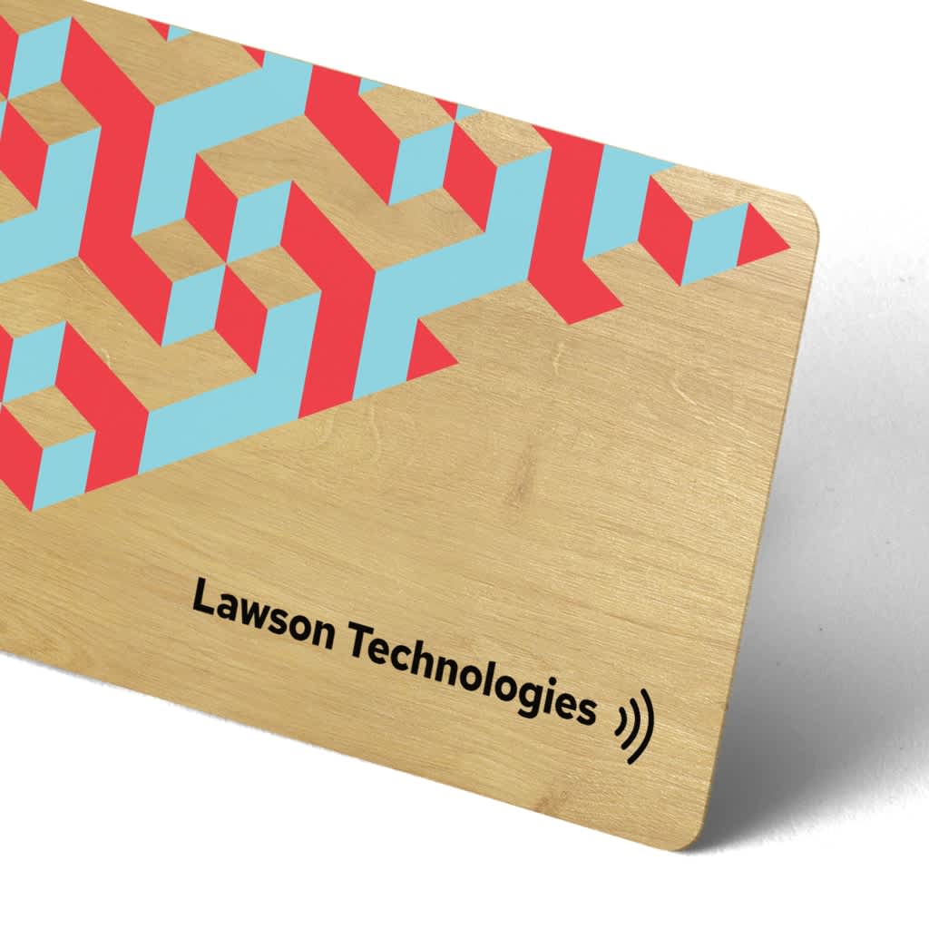 Bamboo NFC business card with brand pattern.