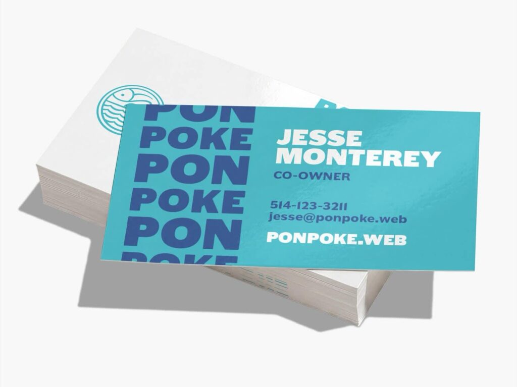 Turquoise business card for a poke restaurant with dark blue and white text, showing high-contrast business card colors for clear readability.