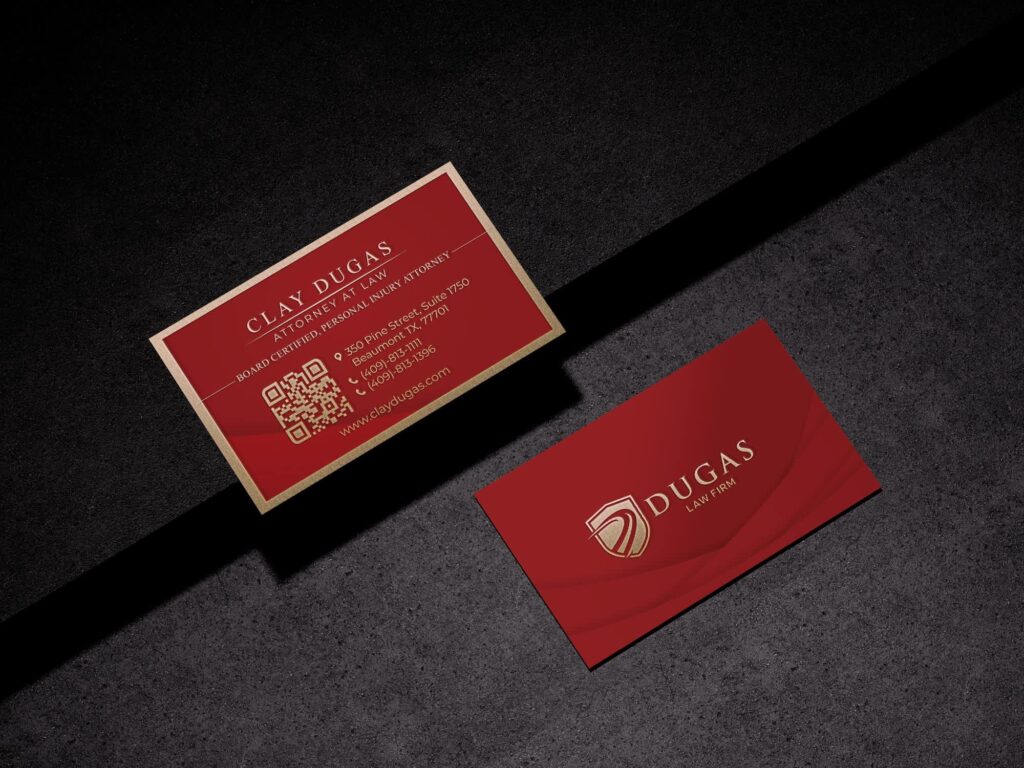 Crimson red business cards with gold accents, combining bold color with a polished, professional finish.