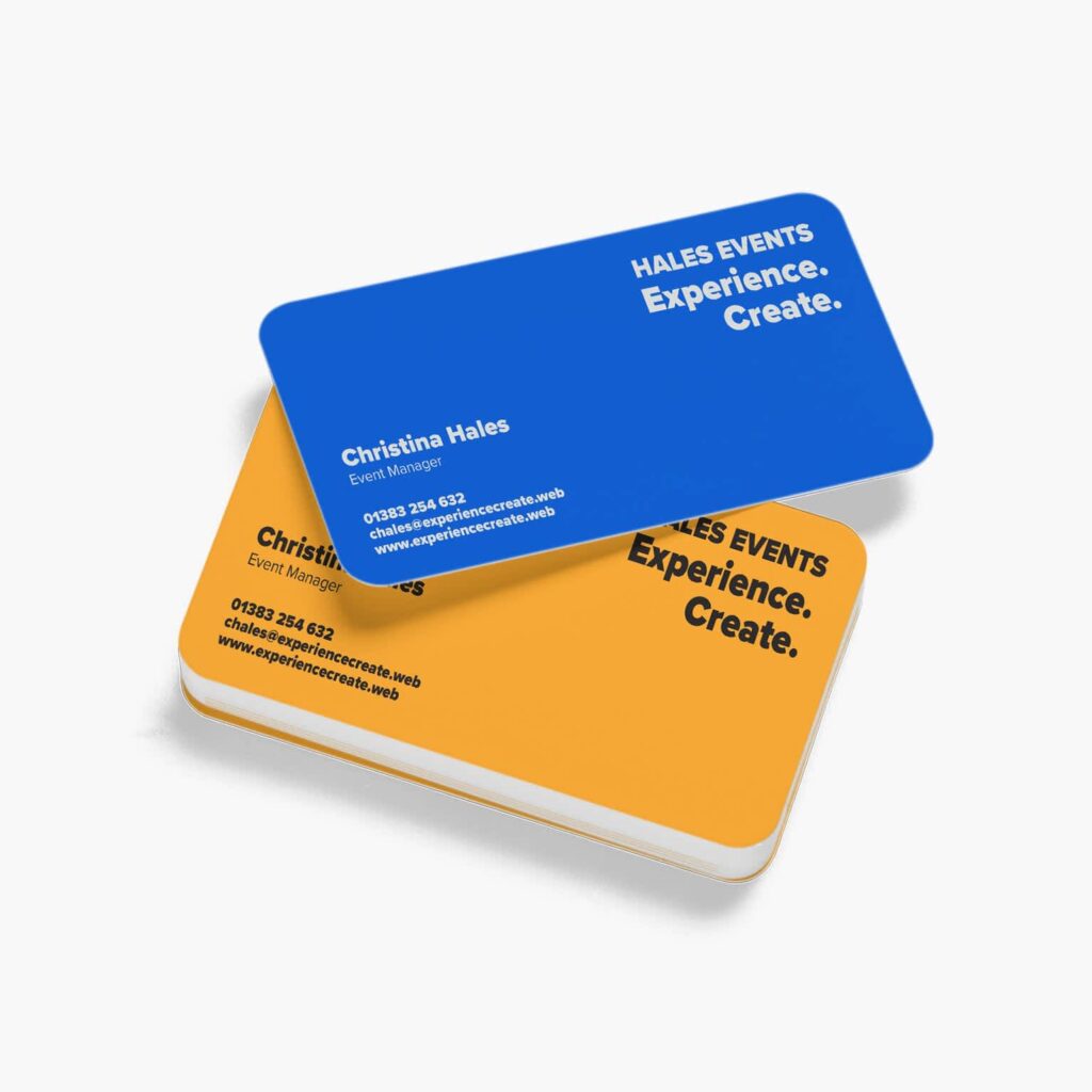 Bright blue and orange business cards showing how bold business card colors can convey energy and confidence.