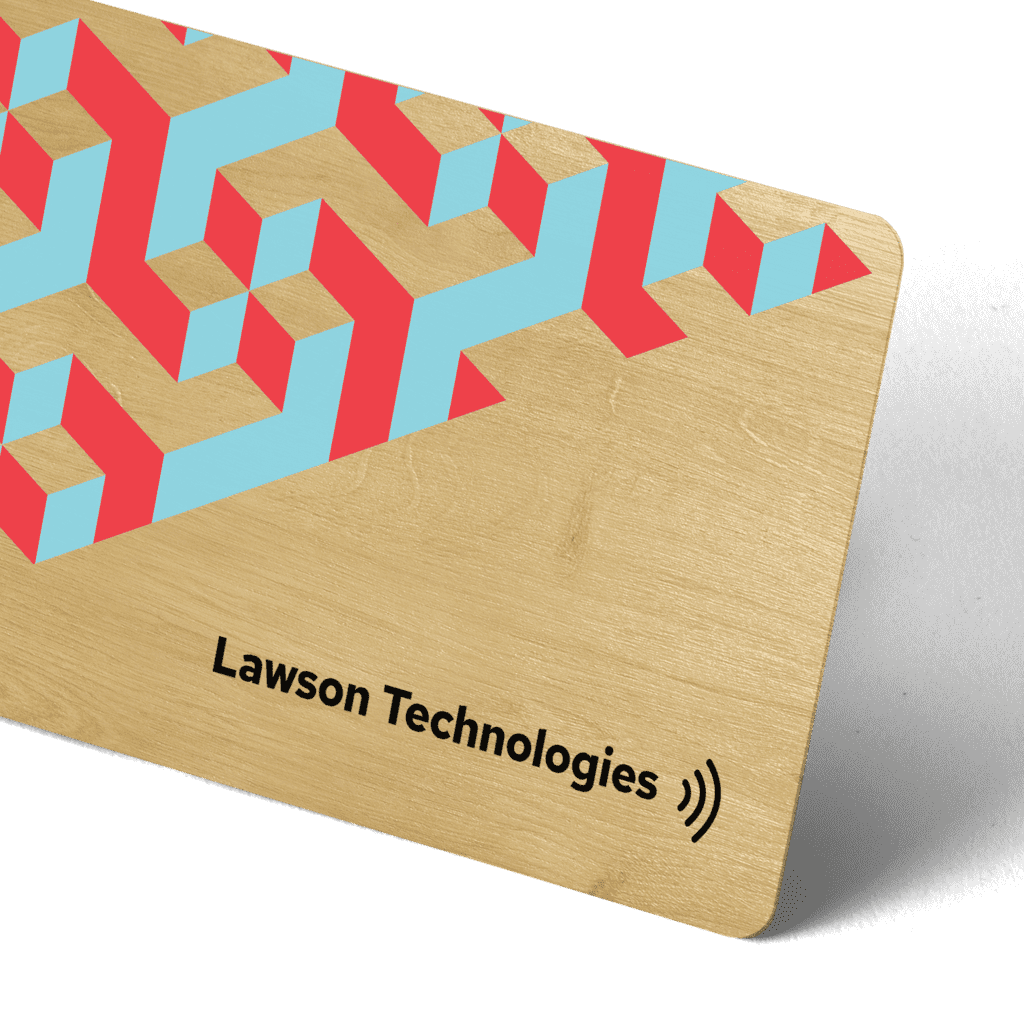Bamboo NFC business card with a geometric pattern.