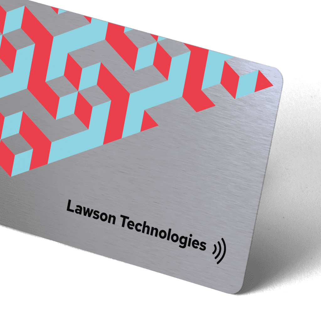 Metal NFC business card with a geometric pattern.