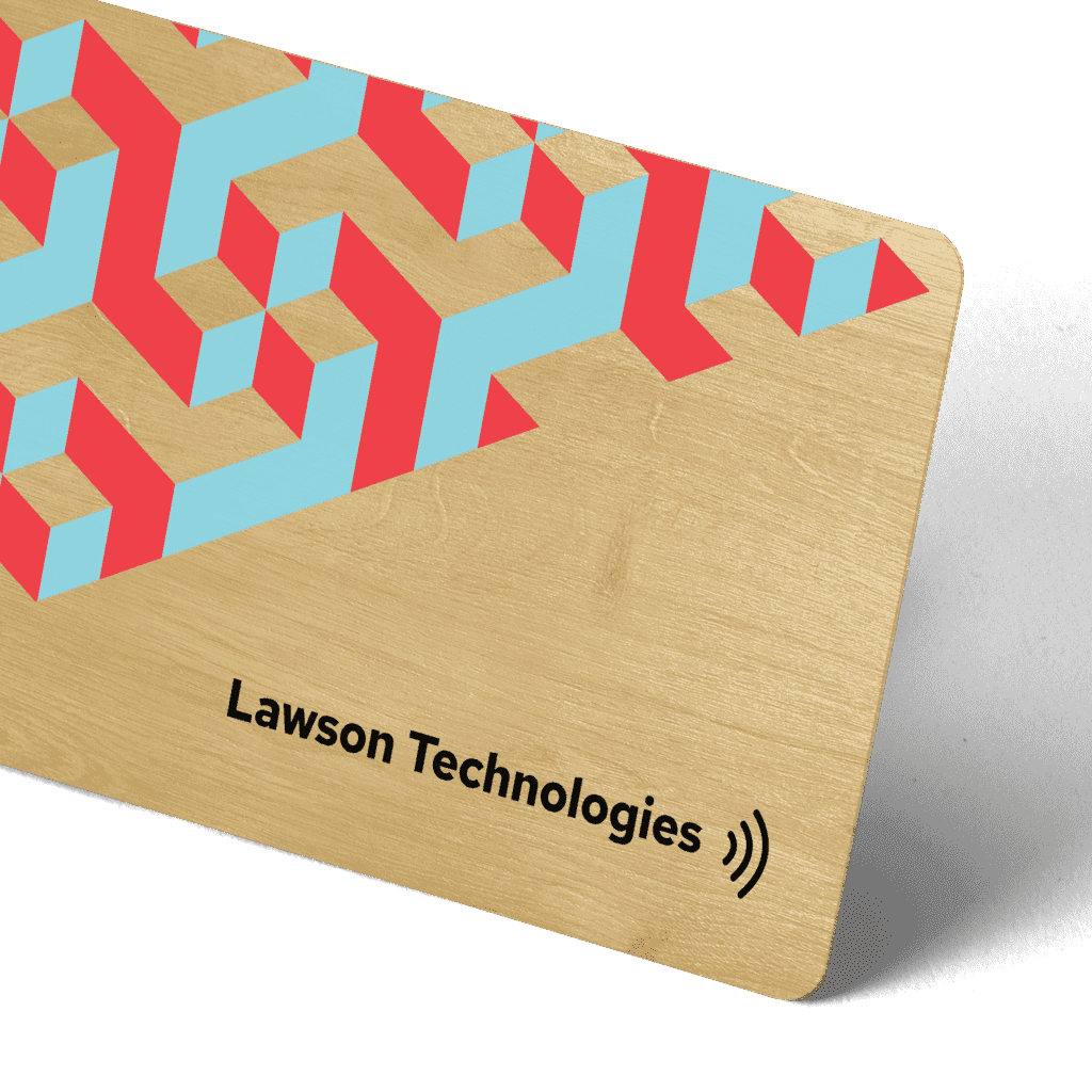 NFC business card with blue and red geometric pattern on checkered background.