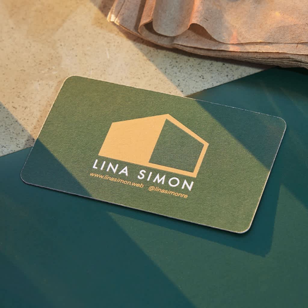 A green and gold business card for the building industry with a social handle.