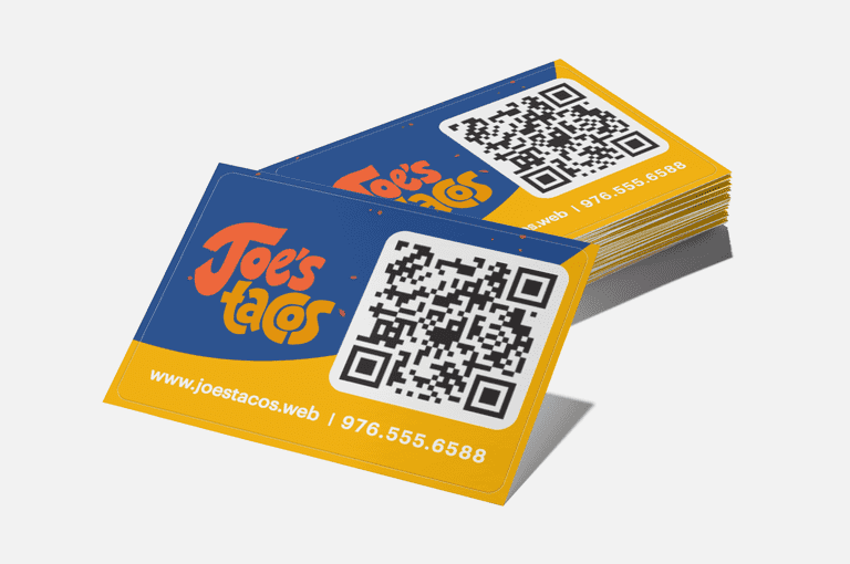 Blue and yellow business cards for a restaurant with a QR code.