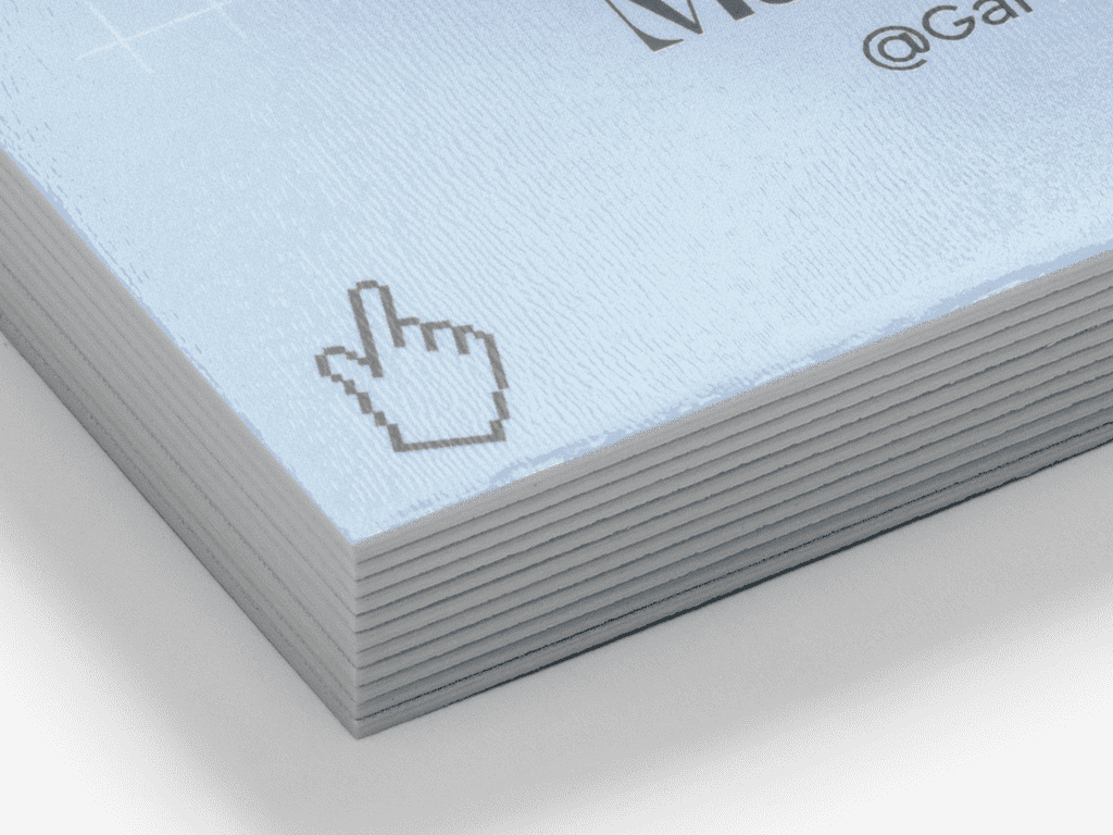 Stack of pale blue ultra thick business cards with a pixel-style cursor icon.
