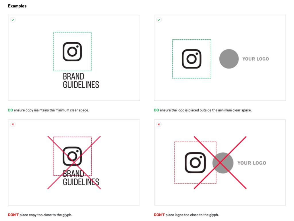 Brand guideline examples showing correct and incorrect clear space around an Instagram icon.