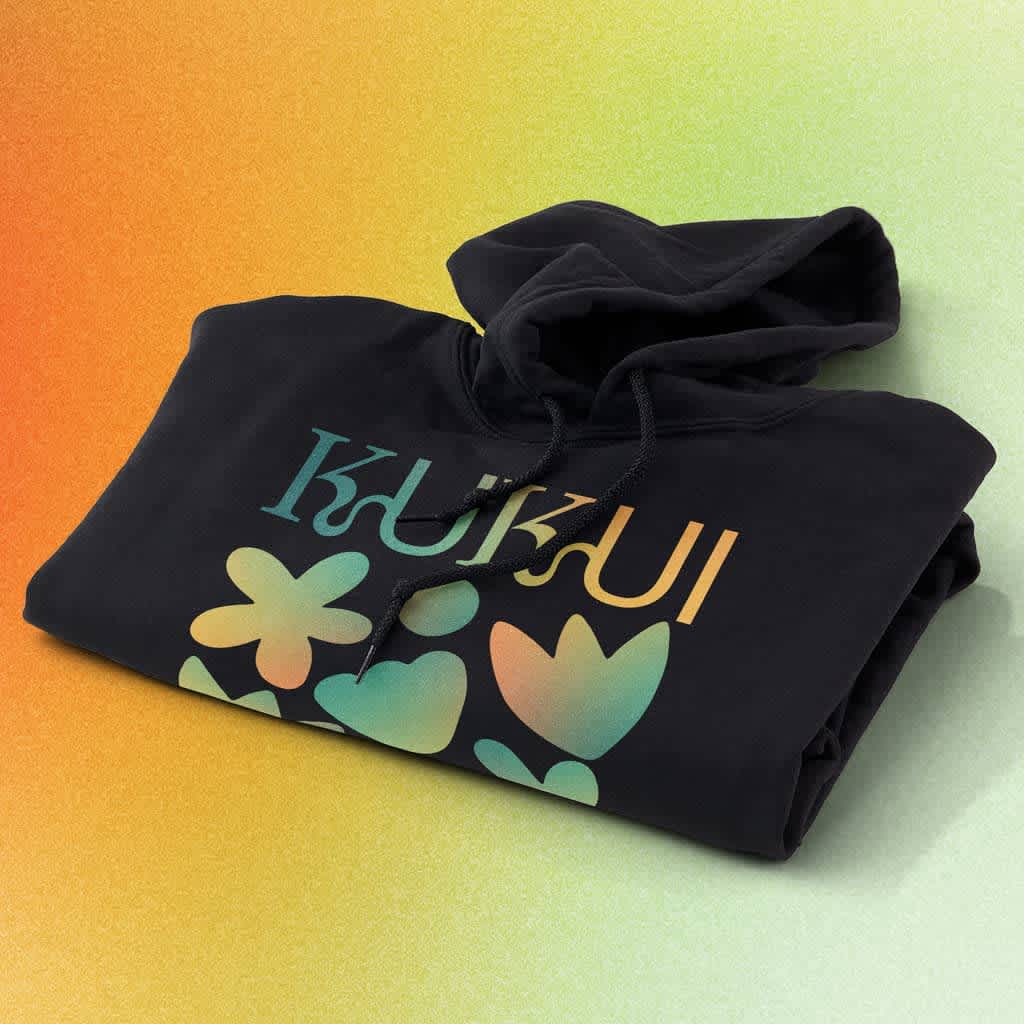 A folded branded black hoodie with the brand logo printed on the front.