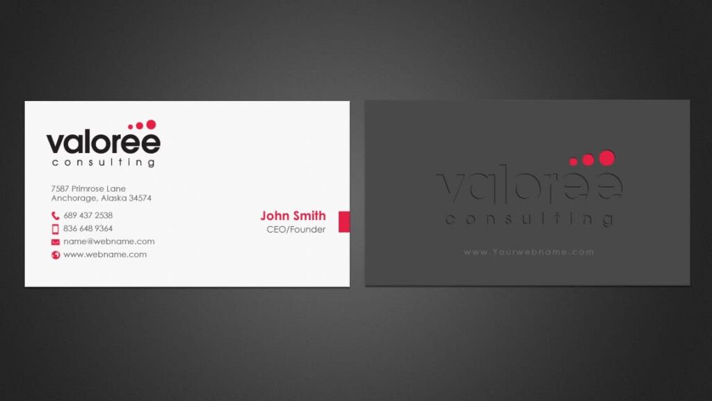 Slate gray business card with bright red accents, showing how a neutral background can make bold business card colors stand out.