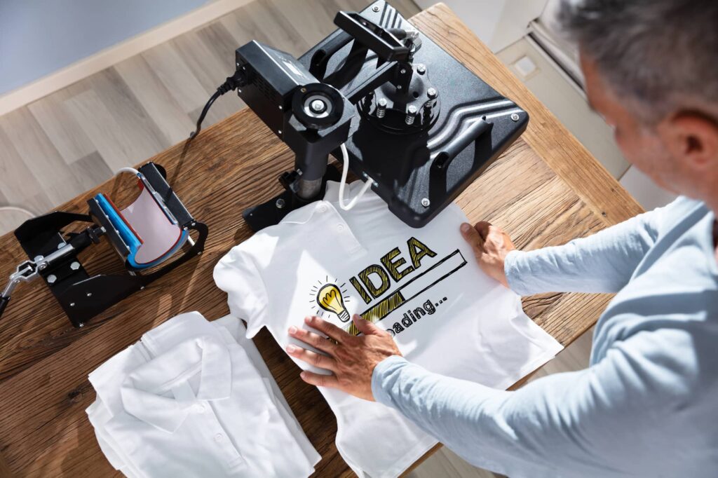 Person positioning a white T-shirt with a printed idea graphic underneath a heat press.