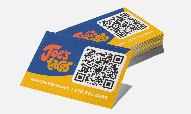 Blue and yellow QR code business cards for Joe’s Tacos.