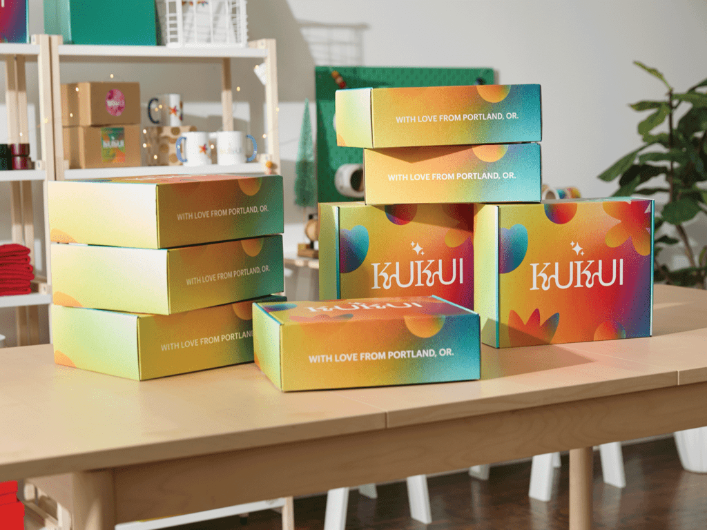 A stack of green multicolored cardboard boxes.