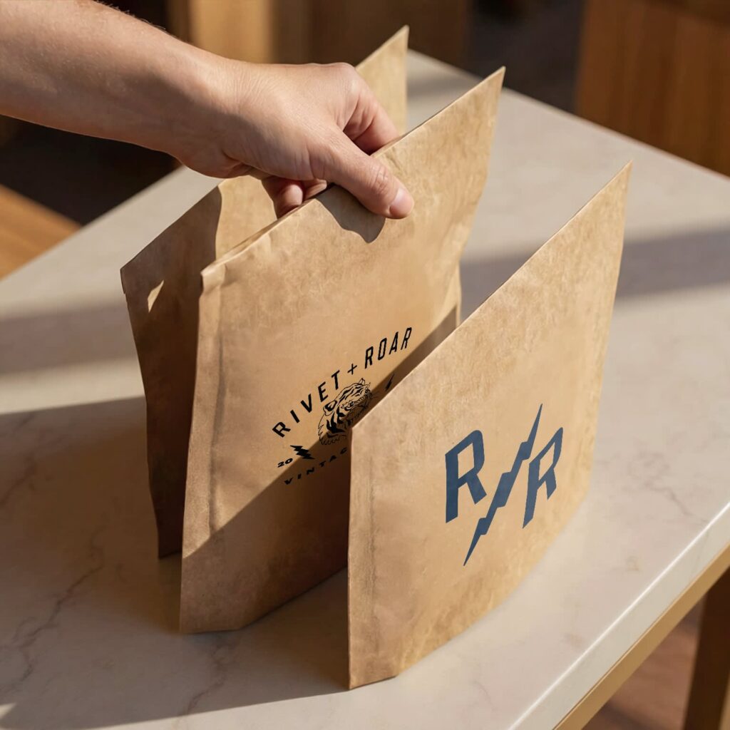 Brown paper kraft bags on store counter.