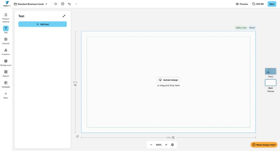 Interface of VistaPrint’s built-in business card design editor showing the back of the business card.