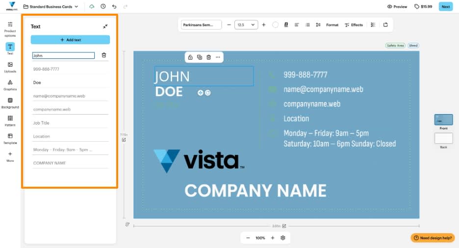 Interface of VistaPrint’s built-in business card design editor showing a business card design with custom text.