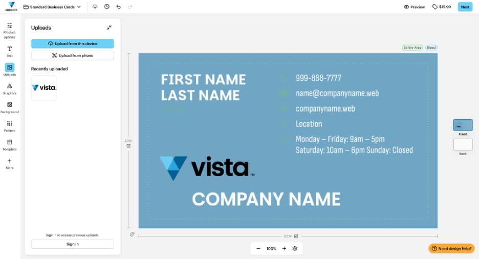 Interface of VistaPrint’s built-in business card design editor showing a business card design with a custom logo.
