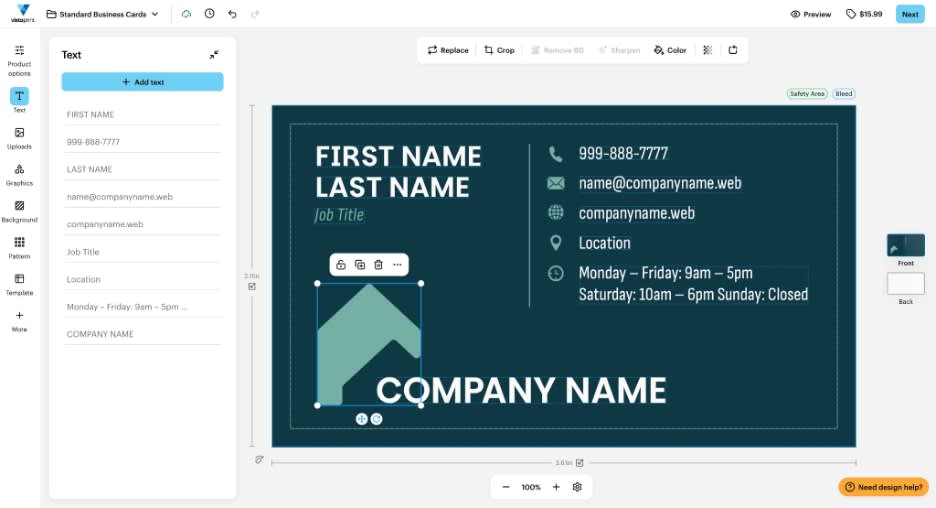 Interface of VistaPrint’s built-in editor for designing business cards.