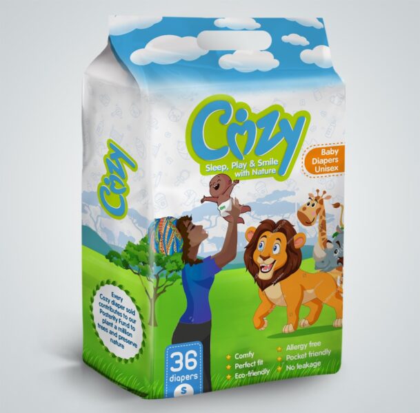 Colorful Cozy baby diaper gusseted pouch with a built-in carry handle, featuring cartoon animals and blue, green and white graphics.