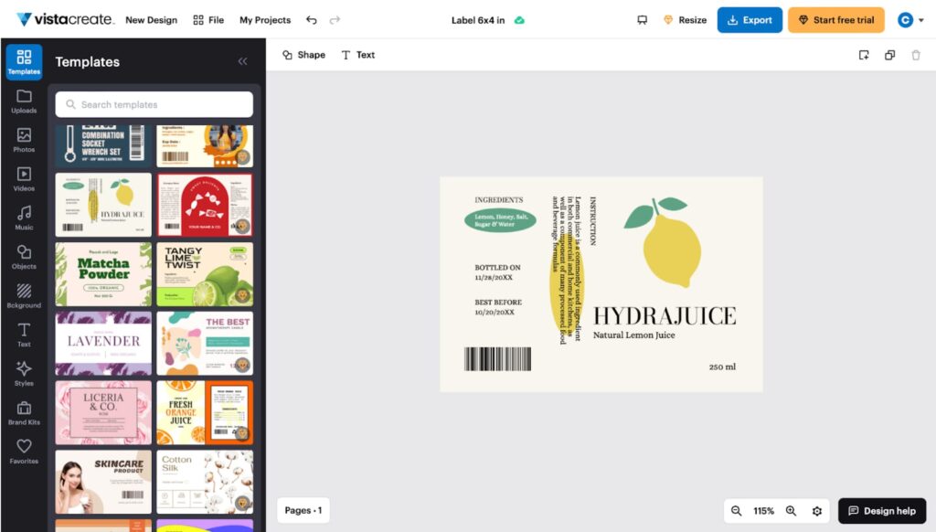 A custom label being designed in the VistaCreate design suite.
