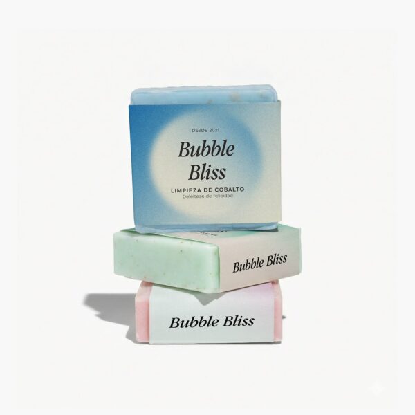 Three pastel-colored Bubble Bliss soap bars stacked together, each wrapped in a custom-printed paper belly band featuring the brand logo.