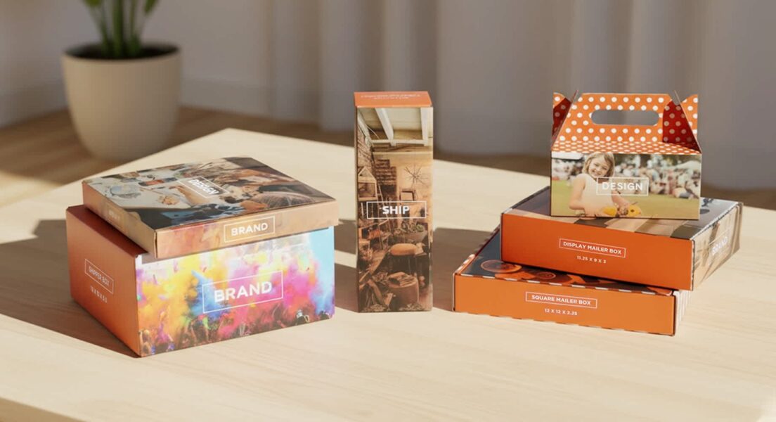 Assorted colorful printed packaging boxes displayed on a wooden table.