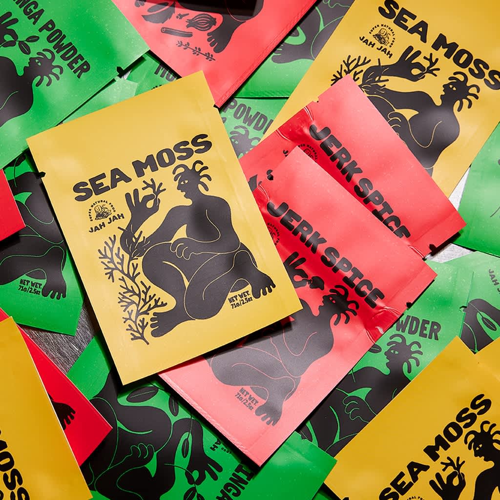 Yellow, red and green packaging with an eye-catching illustration.