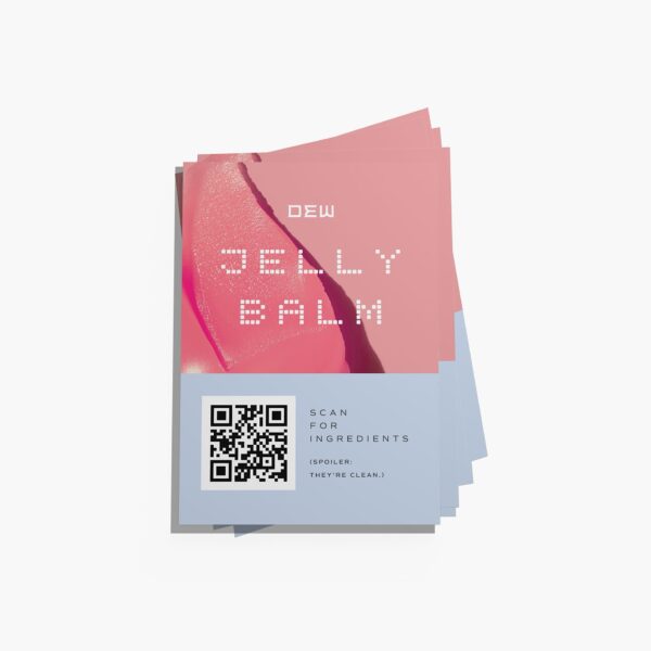Pink and blue DEW Belly Balm packaging inserts featuring a QR code that customers can scan to view product ingredients.