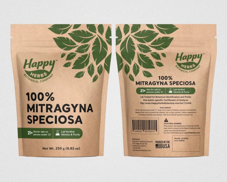 Front and back views of a kraft paper Happy Herbs pouch with green botanical illustrations, product information and a resealable zipper.