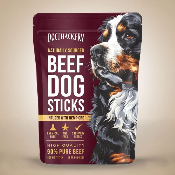 Alt text: Burgundy Docthackery beef dog sticks pouch with a large dog illustration and resealable zipper.
