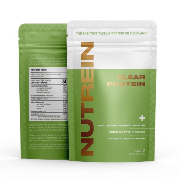 Front and back views of green and white NUTREIN protein pouches with metallic gold lettering, product details and resealable zippers.