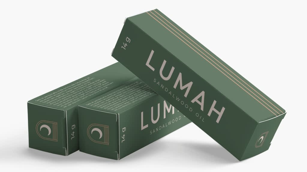 Three small dark green rectangular product boxes with thin brown lines and simple white text.