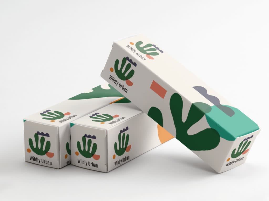 Product packaging with graphic shapes and Wildly Urban brand logo.
