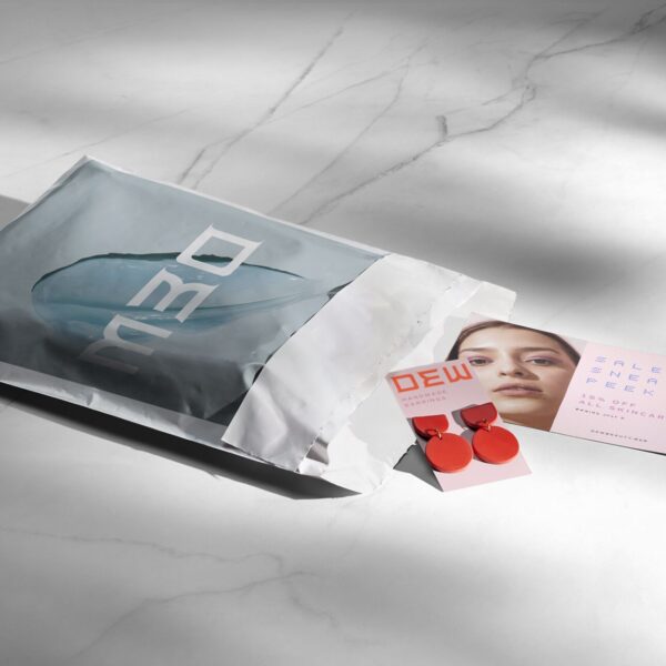 DEW Beauty branded shipping mailer with a promotional skincare insert and a pair of red statement earrings.