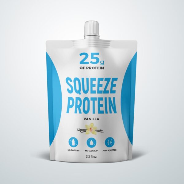 White and blue vanilla Squeeze Protein spouted pouch with a screw cap and 25 g protein label.