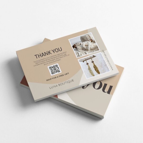 Beige Luna Boutique thank-you cards featuring product photos and a QR code inviting customers to RSVP for a free gift.