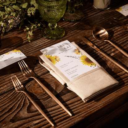 Wedding color palettes example with sunflower themed table setting and coordinated stationery and decor