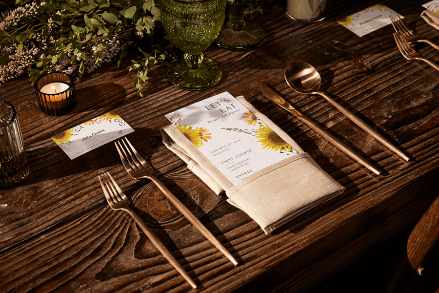 Wedding color palettes example with sunflower themed table setting and coordinated stationery and decor