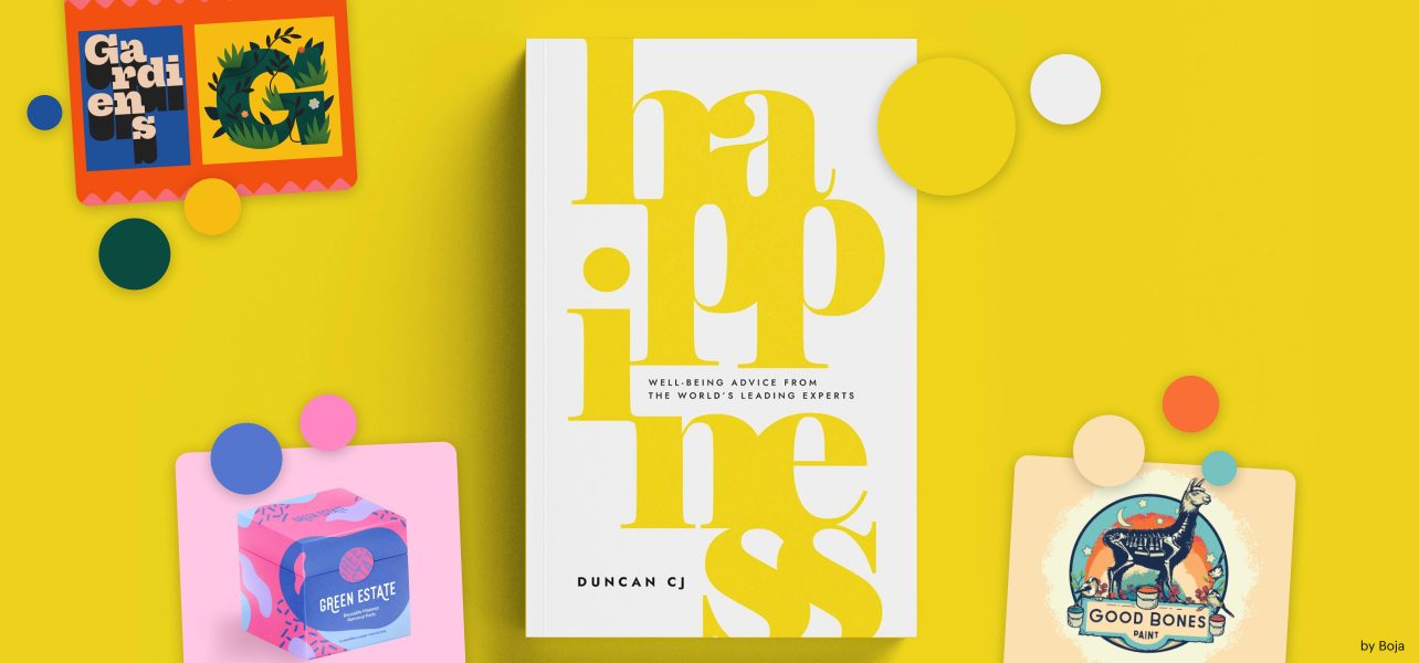 collage of book cover and stationary in bright canary yellow color