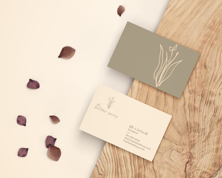 Olive business card with light tan text