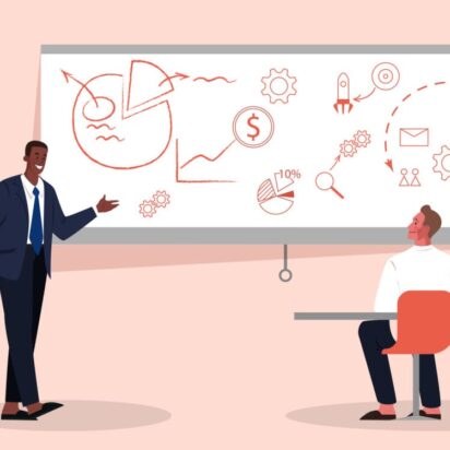 Illustration of a person explaining principles of marketing on a whiteboard with icons representing graphs, statistics, and ideas.