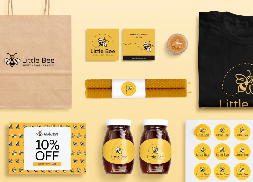 Branded product materials for Little Bee, including paper bag, brochures, jars, candles, t-shirt, stickers, and business cards – a visual example of how to market a product.