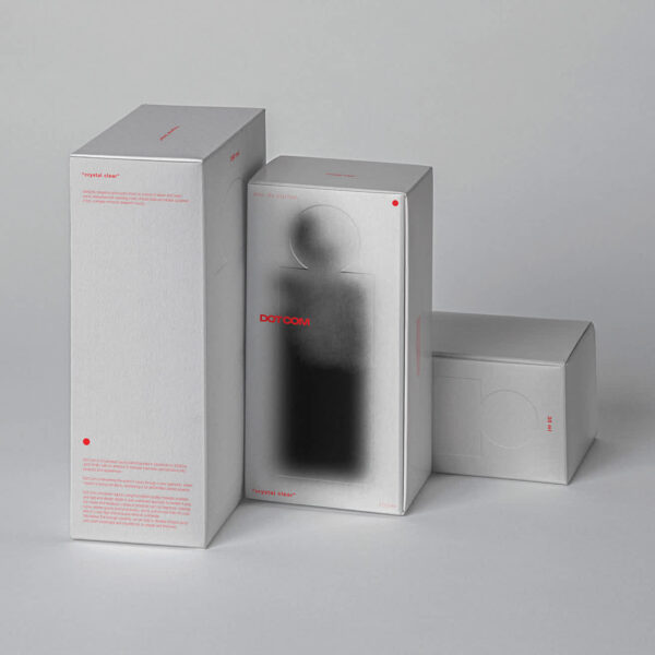 Perfume packaging design with chrome outline of the bottle on an off-white background, with red typeface accents&mdash;an example of the Pure Steel packaging trend 2026